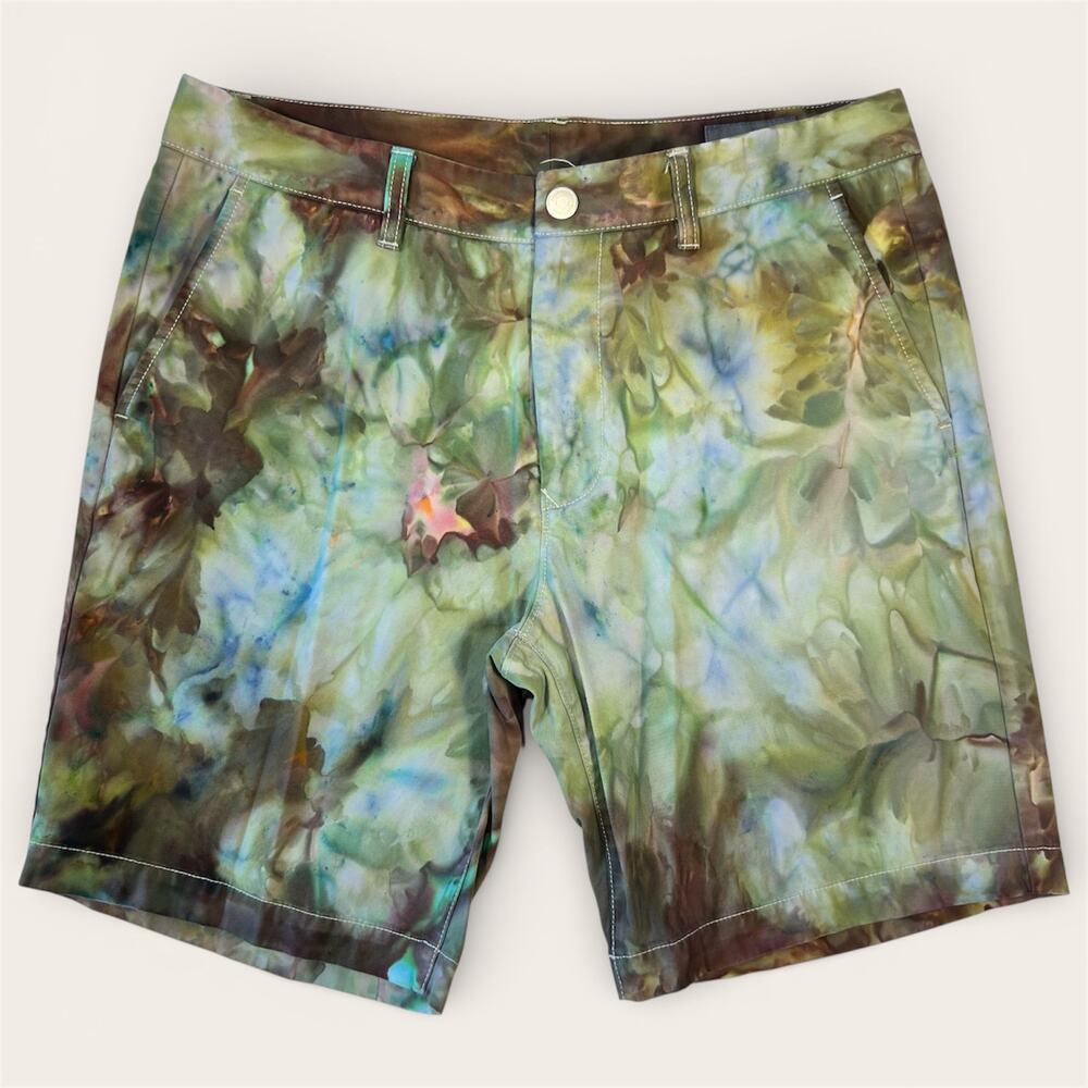 Custom Tie Dye Men's Chino Shorts Size 34 Green Blue Brown Ice Dye Festival